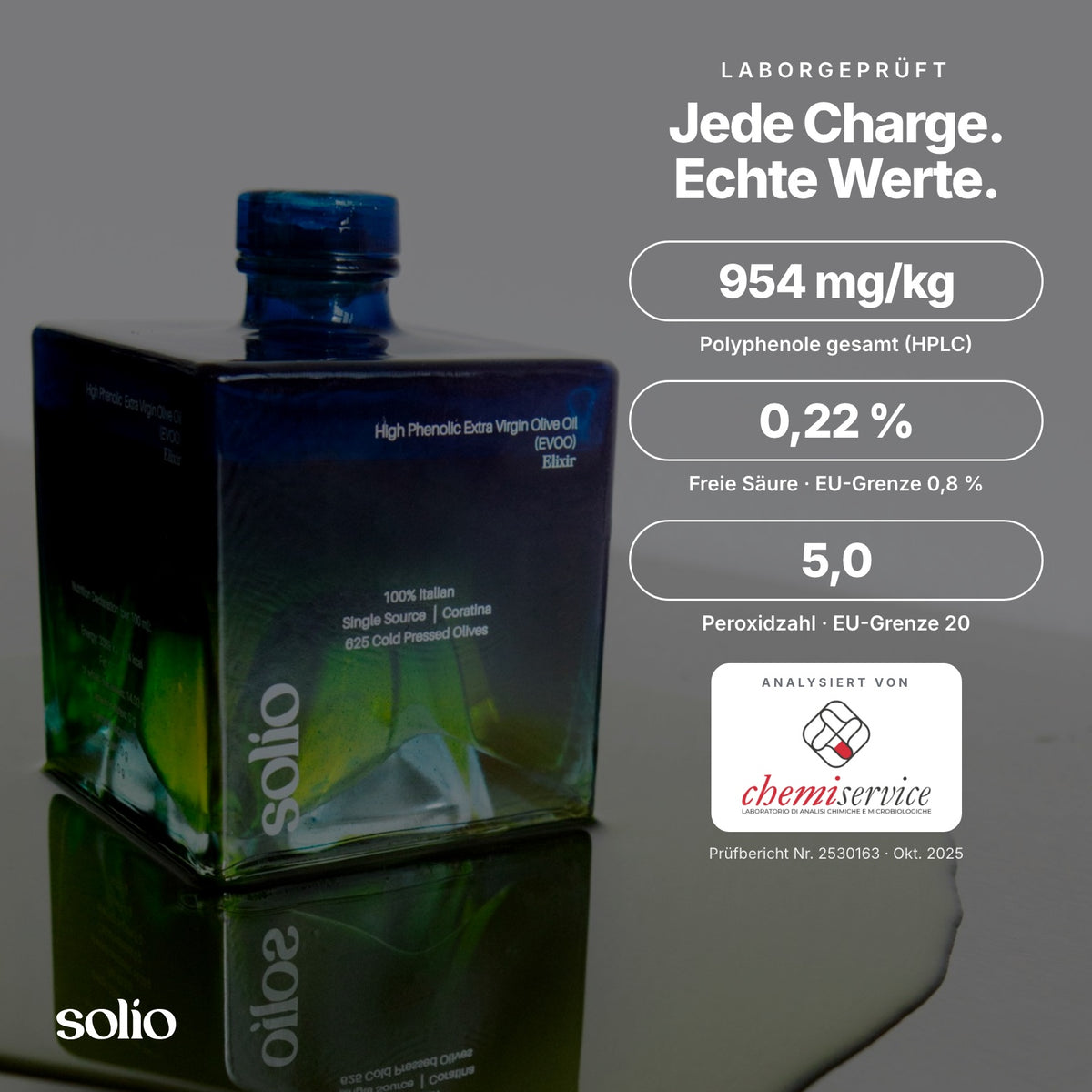 Solio — Hochpolyphenoles Olivenöl aus Apulien (954 mg/kg)